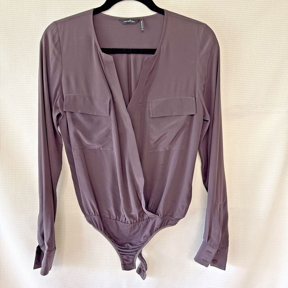 Guess by Marciano Silk LS Plunge V-Neck Surplice Wrap Blouse Bodysuit XS